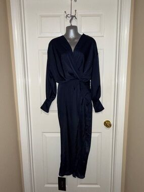 Astr Satin Navy Long Sleeve Maxi Evening Dress w/ Back Cutout